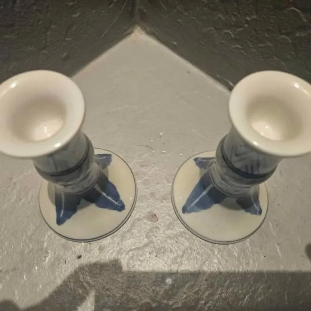 Williams Sonoma Ceramic Blue and White Candlesticks Candle Holders